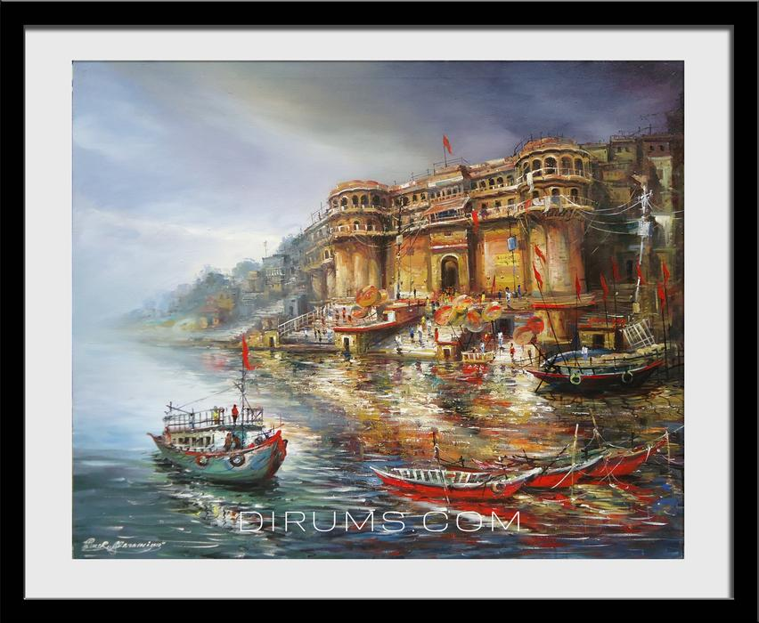 Banaras Ghats Handpainted Colorful Theme Painting Banaras